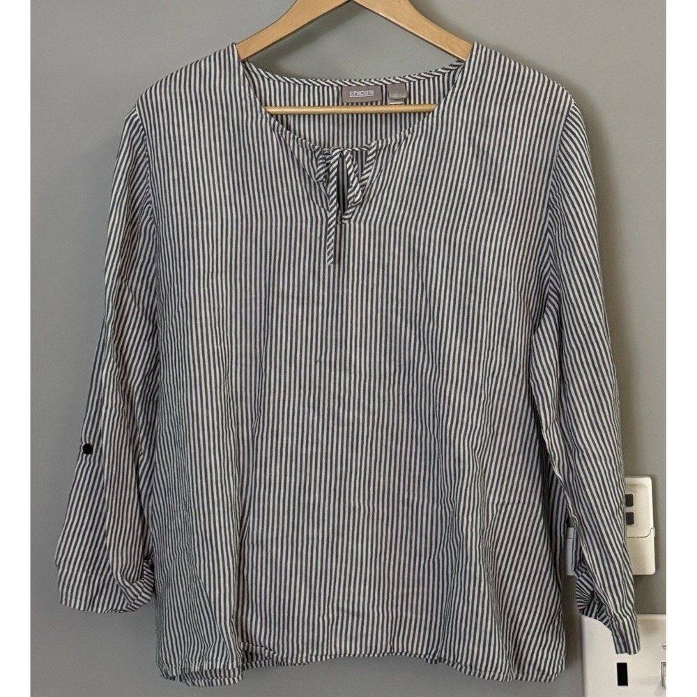 Chicos Top Striped Linen Blend Roll Tab Sleeve Pullover Tunic Womens Size 3